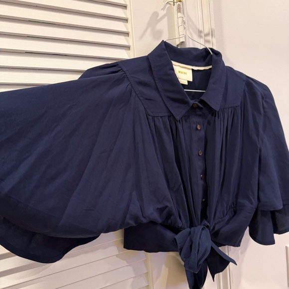 Maeve blue crop top capelet tie waist sz 2 button up and tie waist - Picture 3 of 10